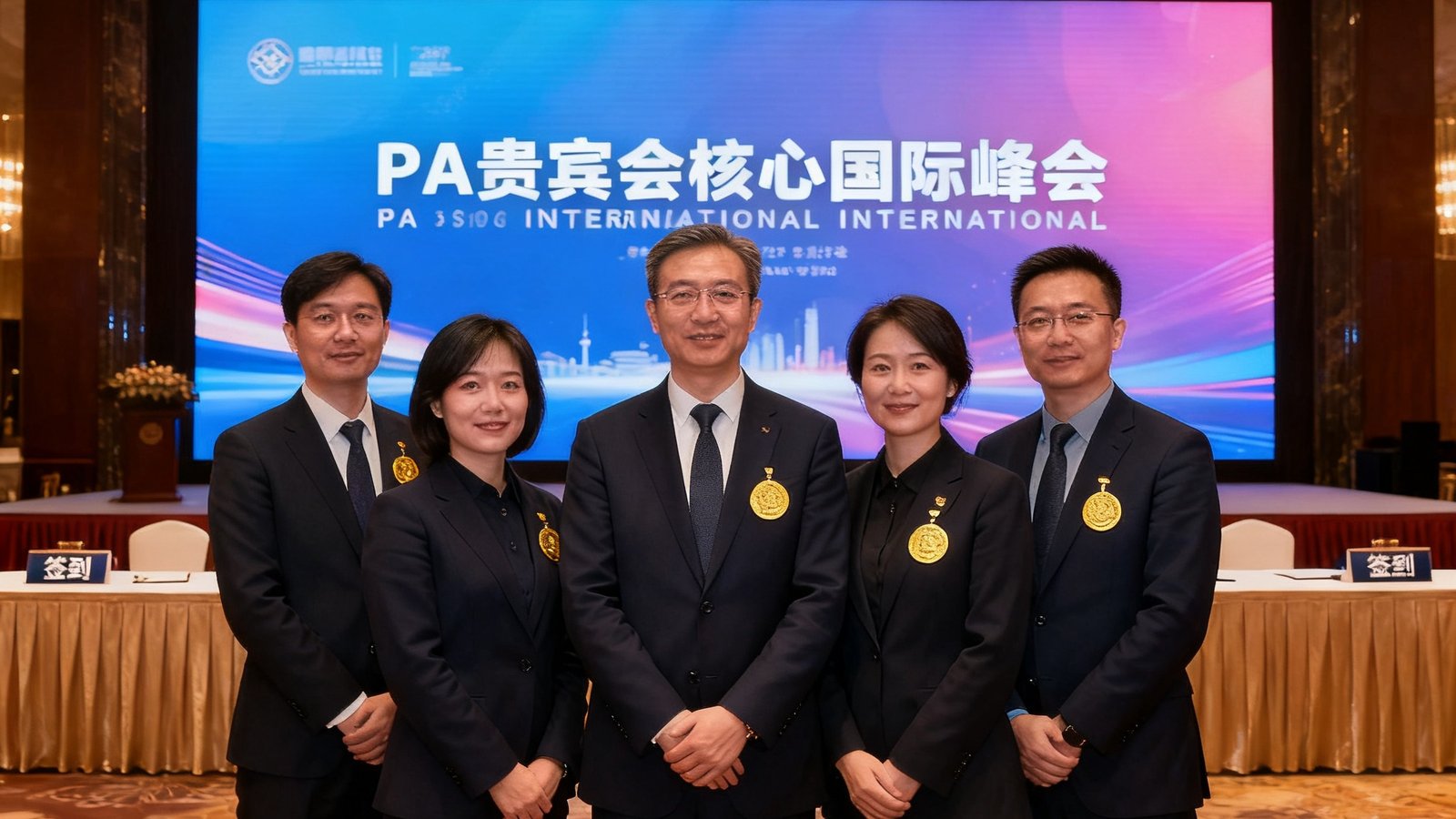 PA贵宾会核心团队成员在国际峰会现场合影，背景是大型LED屏幕和精致的签到台，团队成员身着深色正装，胸前佩戴金色徽章，展现出专业自信的精神面貌