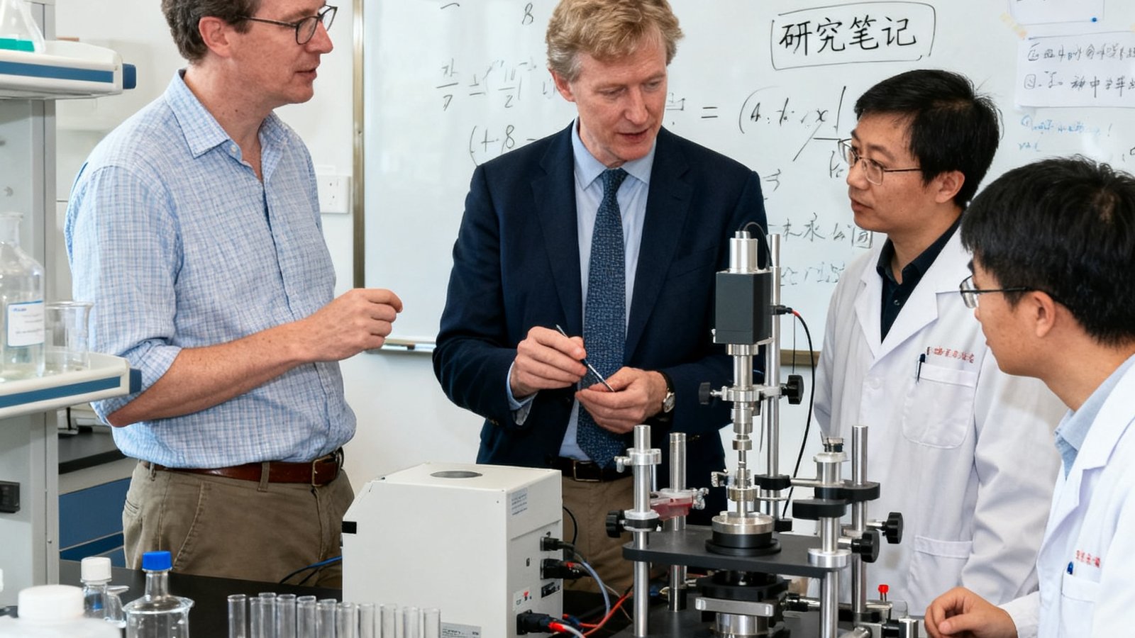 两位来自牛津大学的访问学者正在中国科学院的实验室内与中方团队进行数据比对，实验台上排列着精密仪器和样本试管，白板上写满了公式和研究笔记