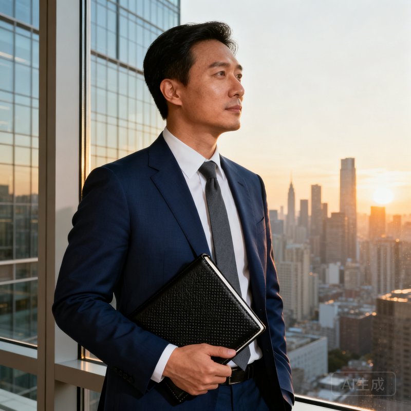 一位三十五岁左右的商务拓展经理男性半身像，他穿着深蓝色西装，站在落地窗前俯瞰城市天际线，手持皮质笔记本，神情自信而亲切