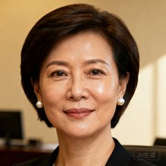一位金融行业女性高管的头像，她约四十五岁，短发戴珍珠耳环，背景是柔和的办公室光线